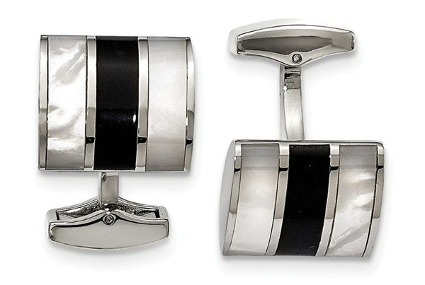 Stainless Steel Black Semi-Precious Stone Mother Of Pearl Square Cuff Links