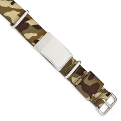 Men's Polished Stainless Steel Brown Camo Fabric Adjustable ID Bracelet, 10"