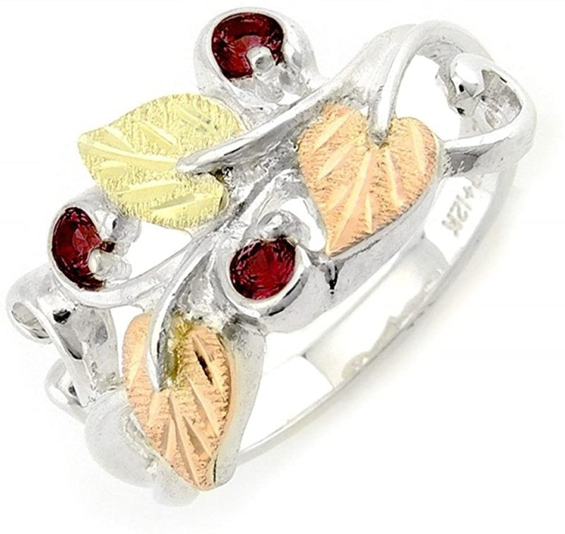 Lab Created Garnet January Birthstone Ring, Sterling Silver, 12k Green and Rose Gold Black Hills Gold Motif, Size 8.75