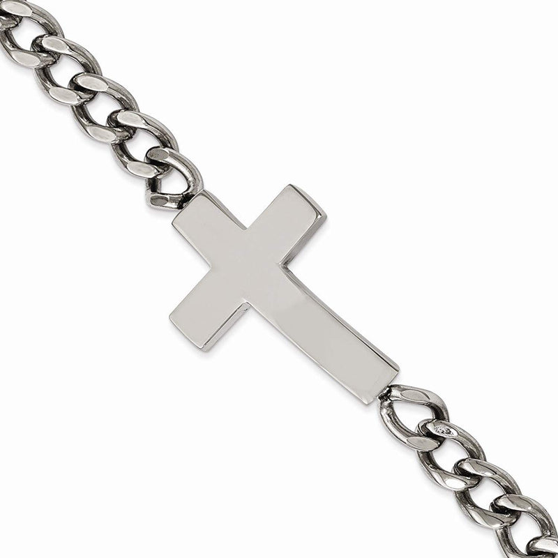 Men's Polished Stainless Steel Sideways Cross Bracelet, 8.5"