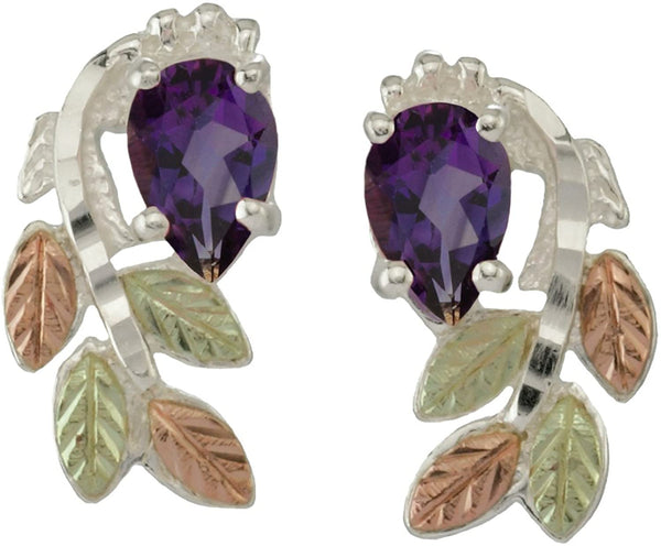 Amethyst Pear Petite Leaf Cascade Earrings, Sterling Silver, 12k Green and Rose Gold Black Hills Gold Motif
