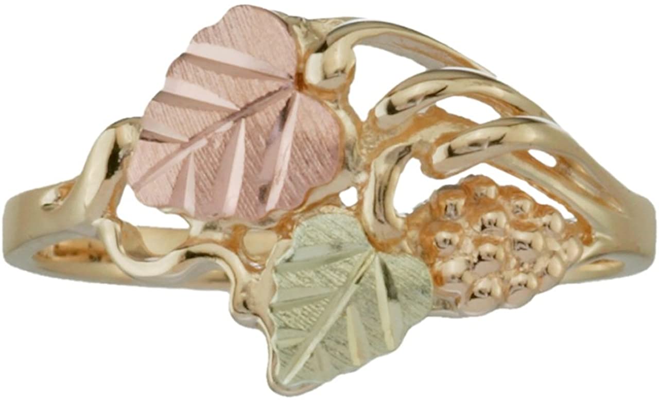 Heart Leaf Grape Cluster Ring, 10k Yellow Gold, 12k Green and Rose Gold Black Hills Gold Motif