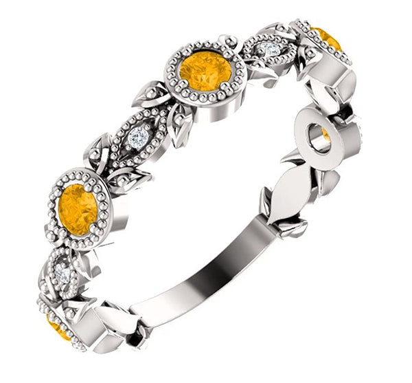 Platinum Citrine and Diamond Vintage-Style Ring (0.03 Ctw, G-H Color, SI1-SI2 Clarity)