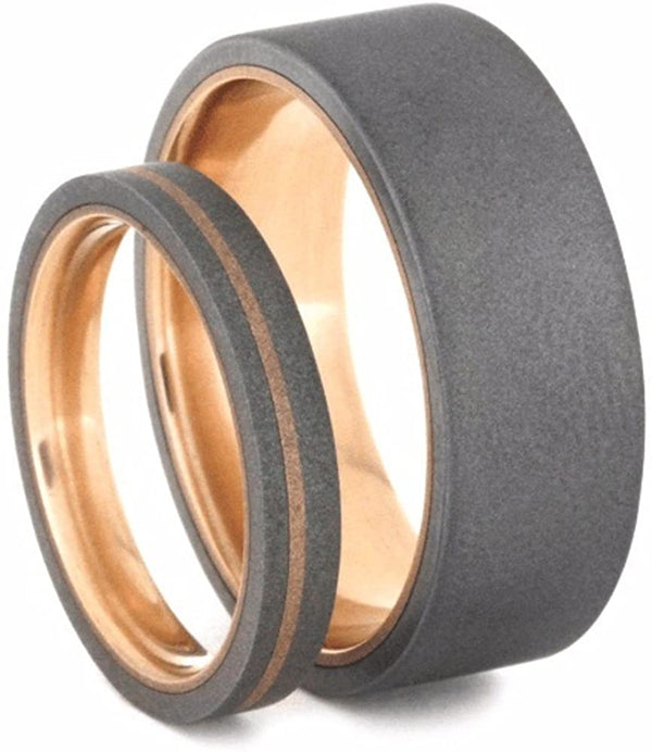 His and Hers Wedding Set, Sandblast Titanium Overlay, Comfort-Fit 14k Rose Gold Wedding Bands, M16-F9.5