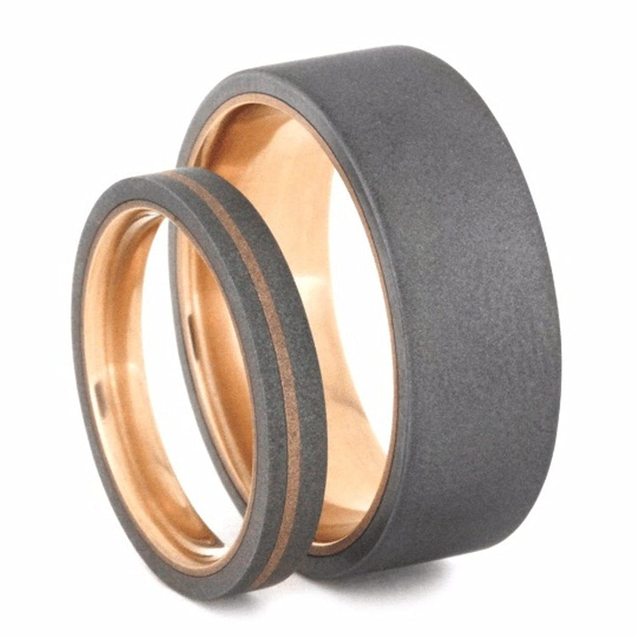 His and Hers Wedding Set, Sandblast Titanium Overlay, Comfort-Fit 14k Rose Gold Wedding Bands