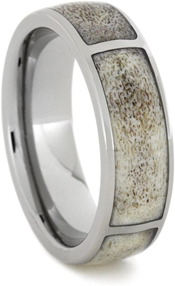 Antler Inlay 6mm Comfort-Fit Titanium Hunters Wedding Band, Size 15.5