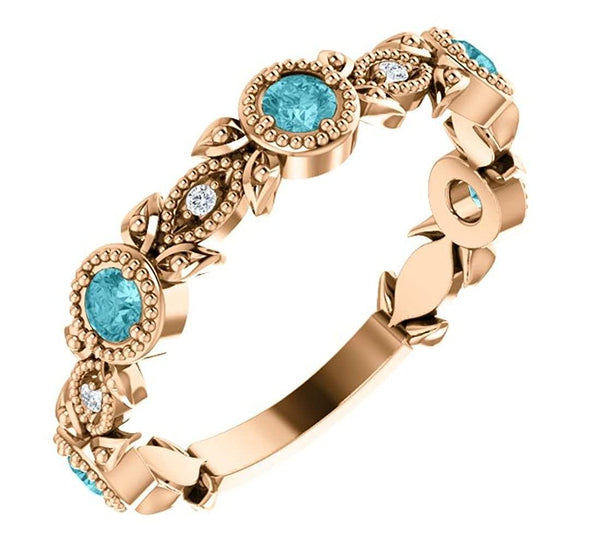 Blue Zircon and Diamond Vintage-Style Ring, 14k Rose Gold (0.03 Ctw, G-H Color, I1 Clarity)