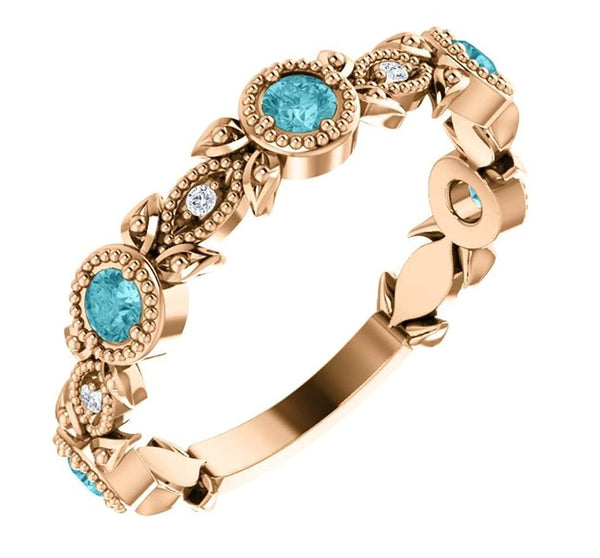 Blue Zircon and Diamond Vintage-Style Ring, 14k Rose Gold, Size 7.75