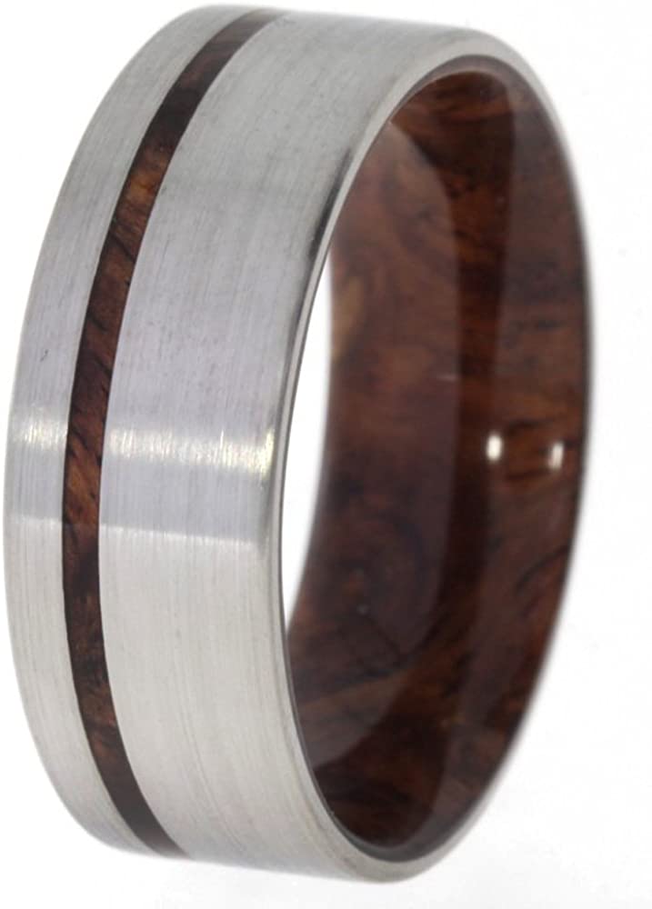 Honduran Rosewood Burl Wood Inlay 8mm Comfort Fit Brushed Titanium Band, Size 10