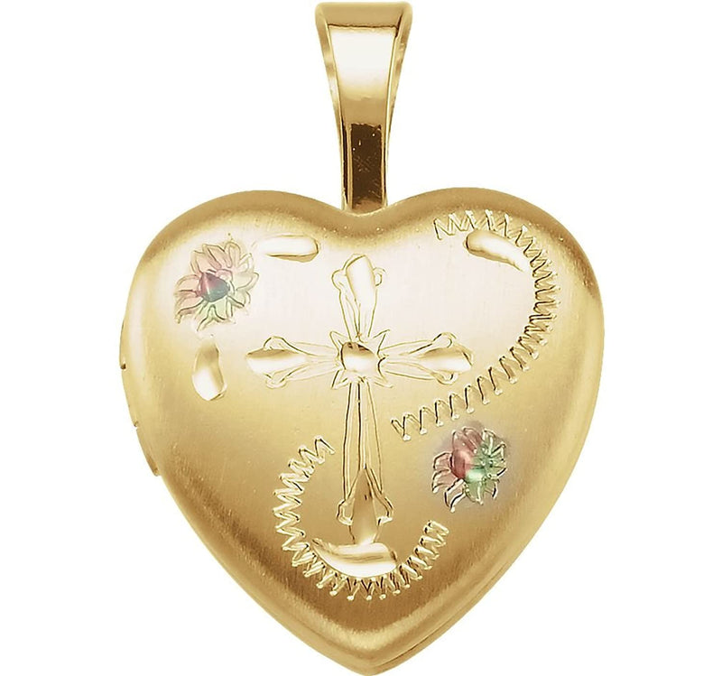 Satin-Brush Heart with Cross and Enameled Flowers 14k Yellow Gold Plated Sterling Silver Locket(12.50X12.00 MM)
