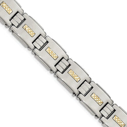 Men's Stainless Steel with 14k Yellow Gold Diamond-Cut Link Bracelet, 8"