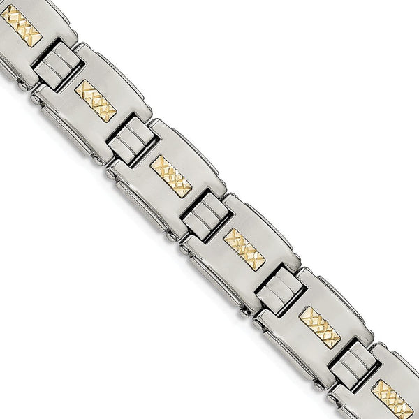 Men's Stainless Steel with 14k Yellow Gold Diamond-Cut Link Bracelet, 8"