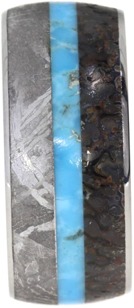 Turquoise, Dinosaur Bone, Gibeon Meteorite 9mm Comfort Fit Titanium Band, Size 6.25