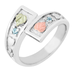 March Birthstone Created Aquamarine Bypass Ring, Sterling Silver, 12k Green and Rose Gold Black Hills Silver Motif