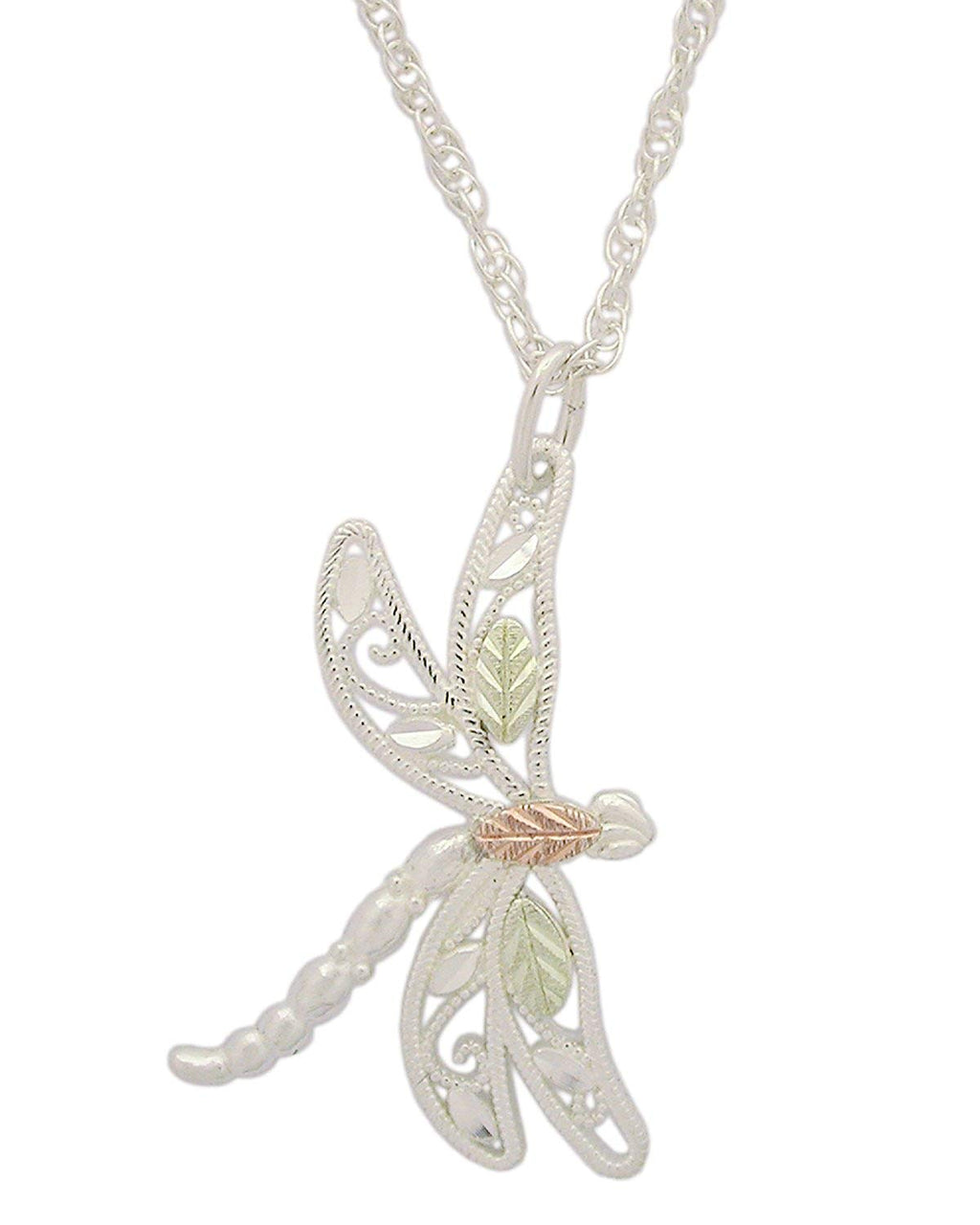 Dragonfly Pendant Necklace, Sterling Silver, 12k Green and Rose Gold Black Hills Gold Motif, 18''