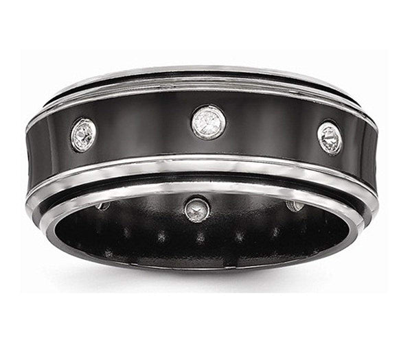 Edward Mirell Black Titanium and Polished Titanium White Sapphire Beveled 9mm Wedding Band