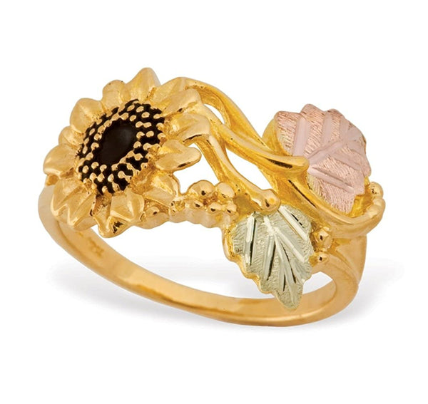 Ave 369 Antiqued Sunflower Ring, 10k Yellow Gold, 12k Green and Rose Gold Black Hills Gold Motif