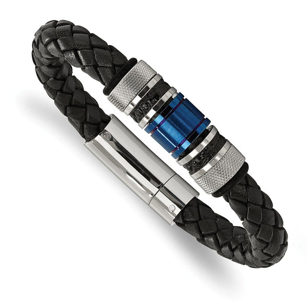 Men's Brushed and Polished Stainless Steel Black Enamel Blue IP Purple IP Black Rubber Bracelet, 8.5"