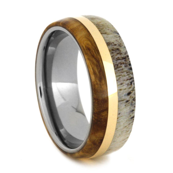 Black Ash, Deer Antler, 14k Yellow Gold 7mm Comfort-Fit Titanium Band, Size 6.5