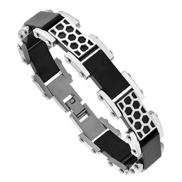 Men's Two-Tone Honeycomb Black Ion Plated Bracelet, Stainless Steel, 8.5"
