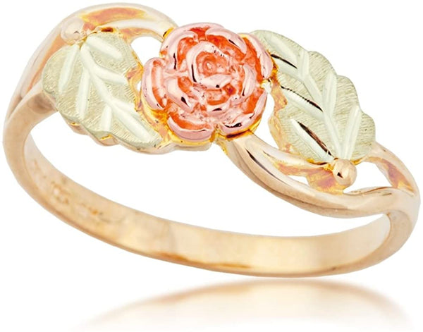 Ave 369 3D Rose Flower Ring, 10k Yellow Gold, 12k Green and Rose Gold Black Hills Gold Motif