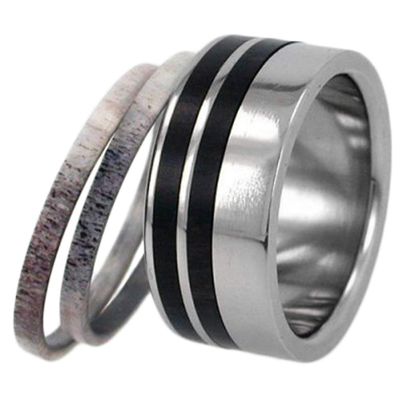 Deer Antler or Wood Stripes 10mm Comfort-Fit Interchangeable Titanium Ring, Size 11.5