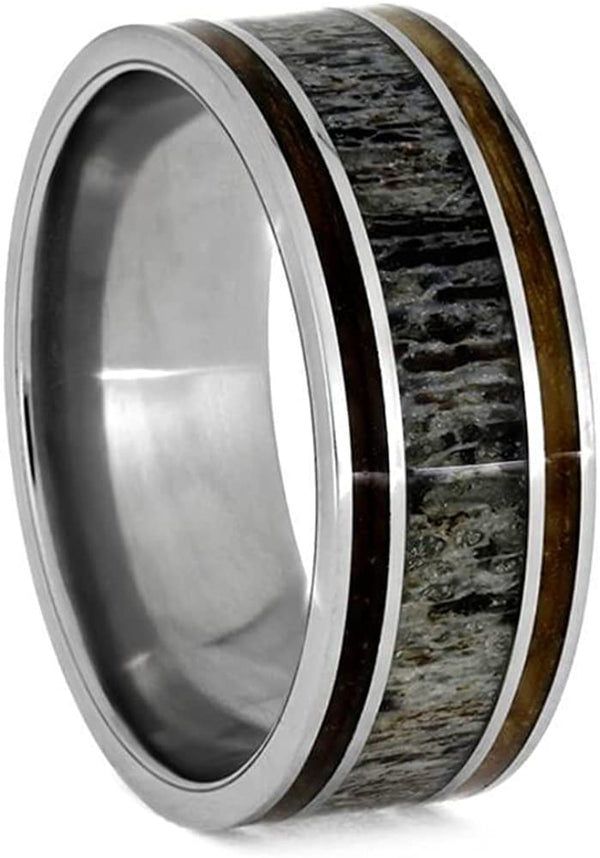 Deer Antler, Whiskey Barrel Oak Wood 9mm Titanium Comfort-Fit Wedding Ring, Size 10