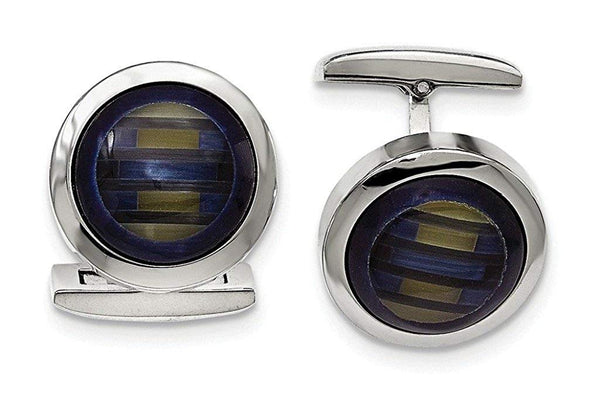 Stainless Steel Polished Blue Cat's Eye round Cuff Links