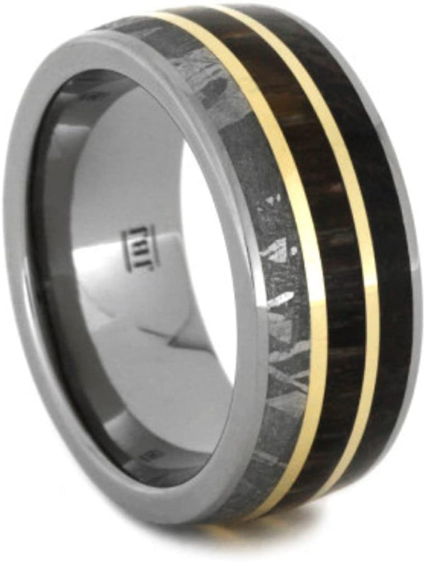 Gibeon Meteorite, Dinosaur Bone, Petrified Wood, 14k Yellow Gold 9mm Comfort-Fit Titanium Wedding Band, Size 4.5