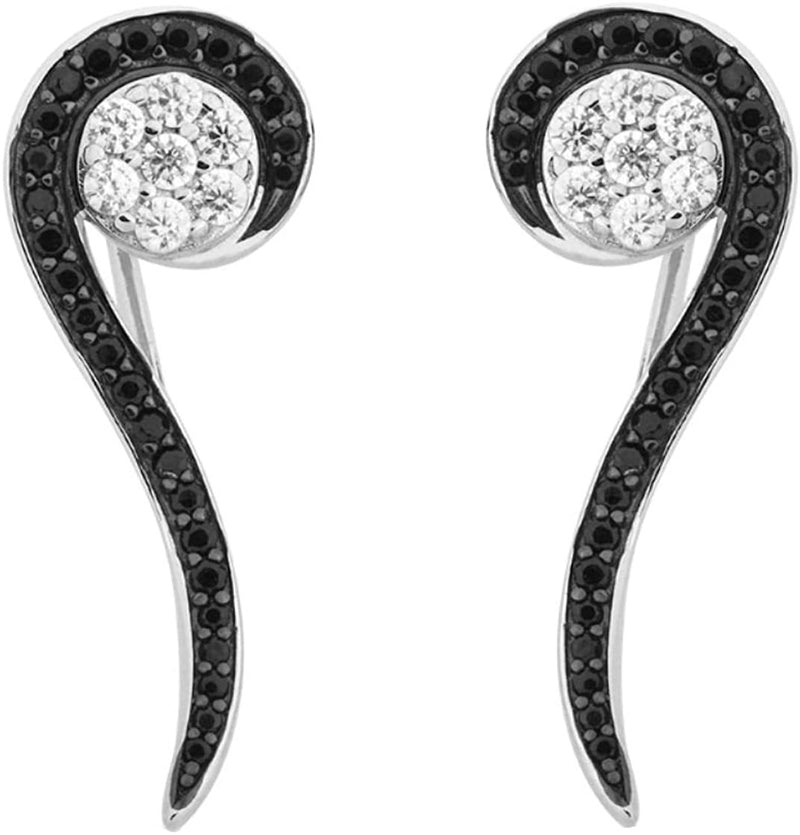 Black and White CZ Music Note Rhodium Plated Sterling Silver Ear Crawler Earrings