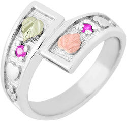 October Birthstone Created Rose Zircon Bypass Ring, Sterling Silver, 12k Green and Rose Gold Black Hills Silver Motif, Size 9.5