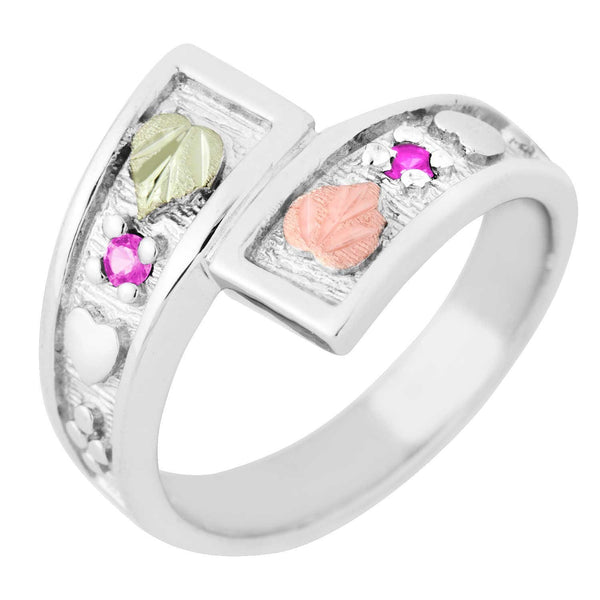 October Birthstone Created Rose Zircon Bypass Ring, Sterling Silver, 12k Green and Rose Gold Black Hills Silver Motif, size