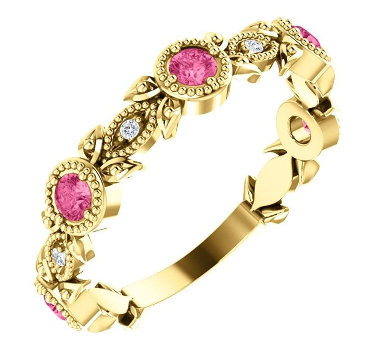 Pink Tourmaline and Diamond Vintage-Style Ring, 14k Yellow Gold, Size 7.75