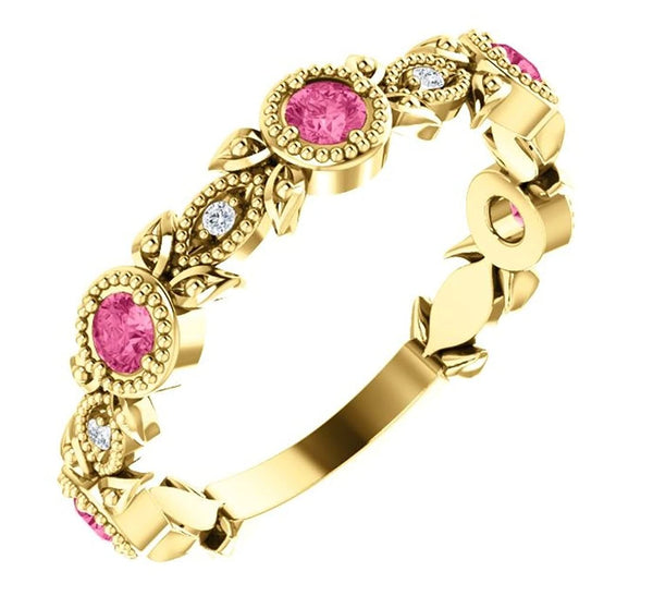 Pink Tourmaline and Diamond Vintage-Style Ring, 14k Yellow Gold, Size 7.75