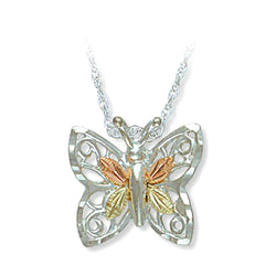 Diamond-Cut Butterfly Pendant Necklace, Sterling Silver, 12k Green and Rose Gold Black Hills Gold Motif, 18"