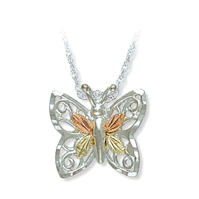 Diamond-Cut Butterfly Pendant Necklace, Sterling Silver, 12k Green and Rose Gold Black Hills Gold Motif, 18"