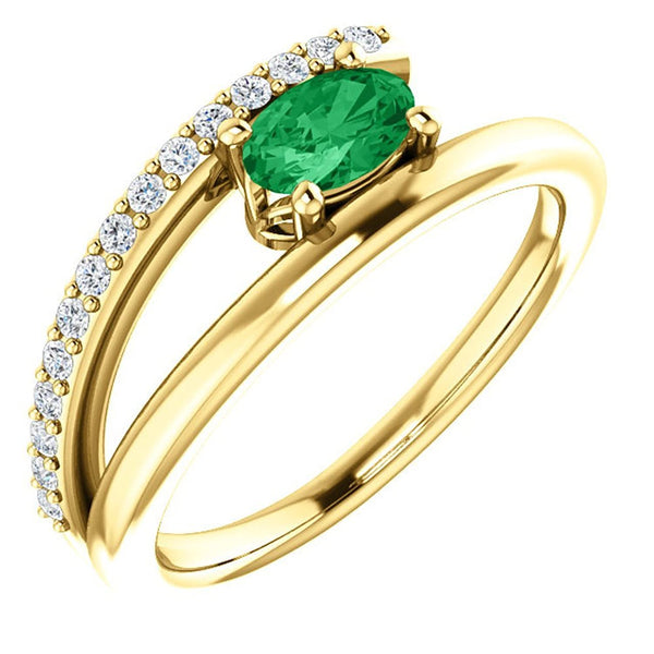 Chatham Created Emerald and Diamond Bypass Ring, 14k Yellow Gold (.125 Ctw, G-H Color, I1 Clarity)