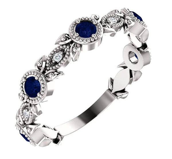 Blue Sapphire and Diamond Vintage-Style Ring, Rhodium-Plated Sterling Silver (0.03 Ctw, G-H Color, I1 Clarity)