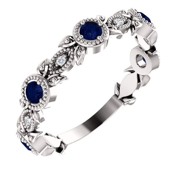 Blue Sapphire and Diamond Vintage-Style Ring, Rhodium-Plated 14k White Gold (0.03 Ctw, G-H Color, I1 Clarity)