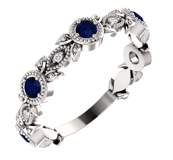 Platinum Blue Sapphire and Diamond Vintage-Style Ring (0.03 Ctw, G-H Color, SI1-SI2 Clarity)