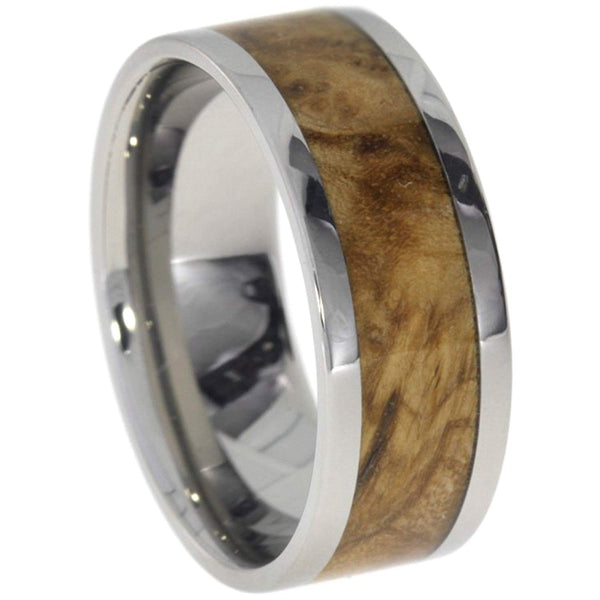 Black Ash Burl Wood Inlay 8mm Comfort Fit Polished Titanium Band