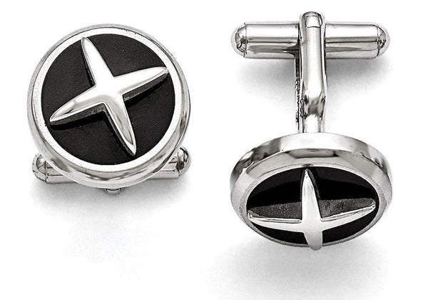 Stainless Steel Black Enameled X Round Cuff Links, 18MM