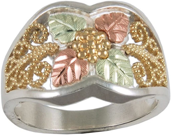 Floral Brocade Granulated Bead Band, 10k Yellow Gold, Sterling Silver, 12k Green and Rose Gold Black Hills Gold Motif, Size 4.25