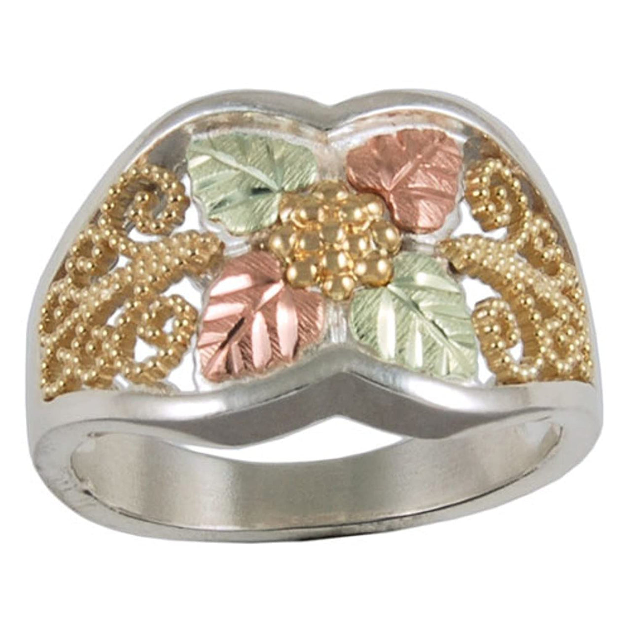 Floral Brocade Granulated Bead Band, 10k Yellow Gold, Sterling Silver, 12k Green and Rose Gold Black Hills Gold Motif