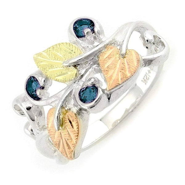 Lab Created Blue Zircon December Birthstone Ring, Sterling Silver, 12k Green and Rose Gold Black Hills Gold Motif