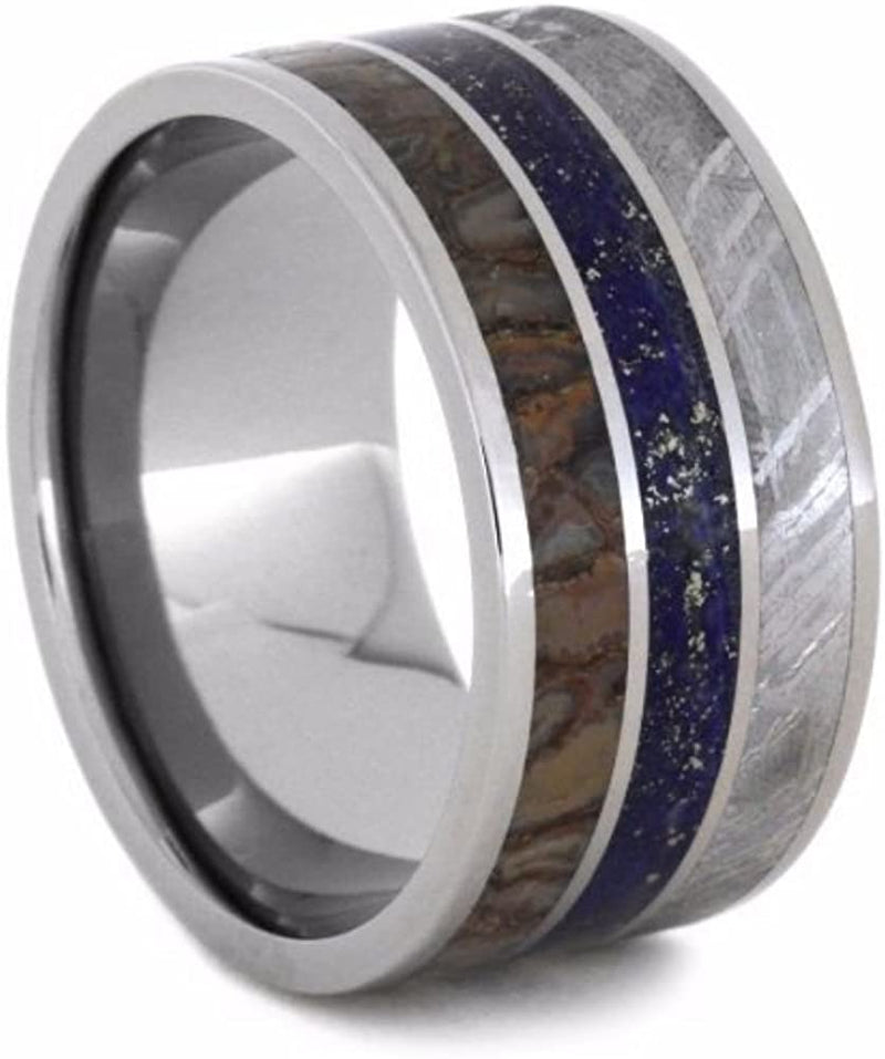 Lapis Lazuli, Dinosaur Bone, Gibeon Meteorite 12mm Comfort-Fit Titanium Wedding Band, Size 9.75