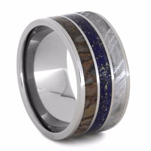 The Men's Jewelry Store (Unisex Jewelry) Lapis Lazuli, Dinosaur Bone, Gibeon Meteorite 12mm Comfort-Fit Titanium Wedding Band