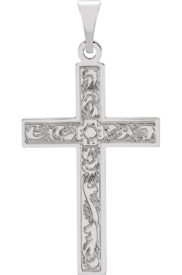 Embossed Flowers Cross 14k White Gold Pendant