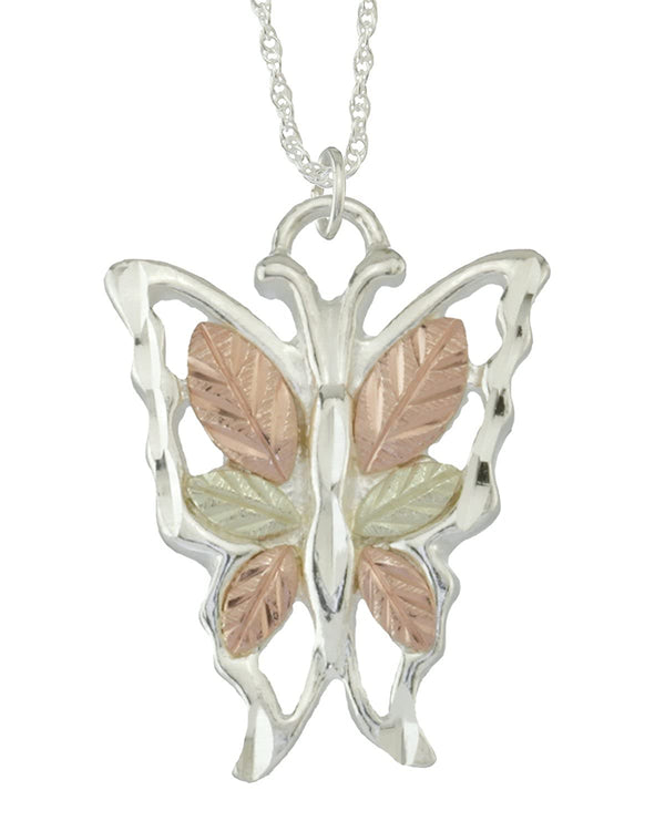 Diamond-Cut Butterfly Necklace, Sterling Silver, 12k Green and Rose Gold Black Hills Gold Motif