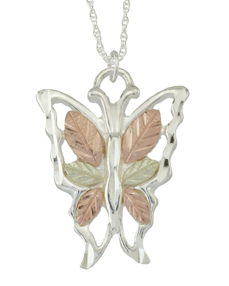 Diamond-Cut Butterfly Necklace, Sterling Silver, 12k Green and Rose Gold Black Hills Gold Motif